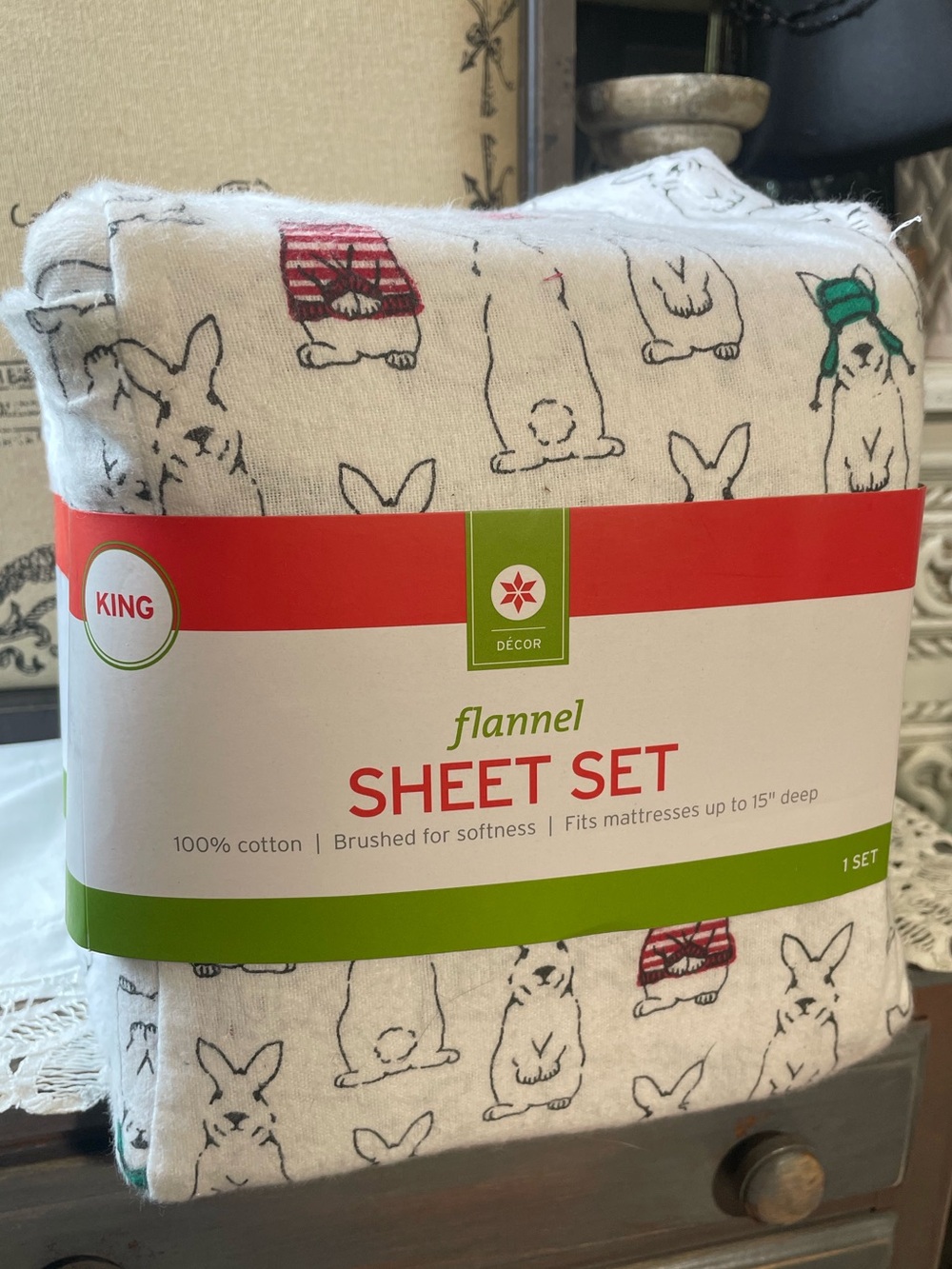 Decor white cotton Flannel bunny rabbit King Sheet Set new